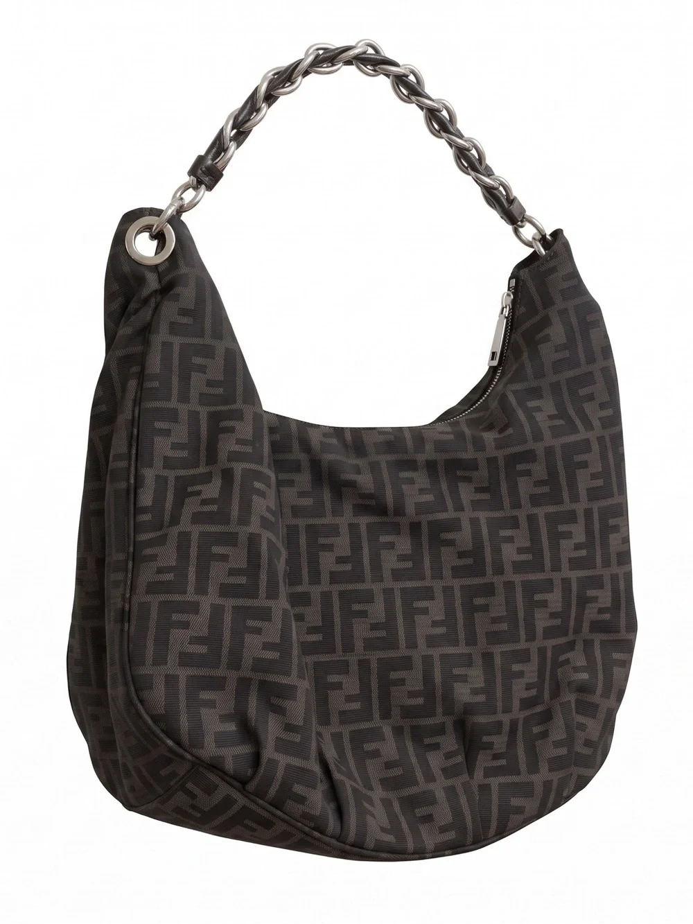 Fendi Mia Monogram Canvas Hobo with Chain Strap and Silver Plaque